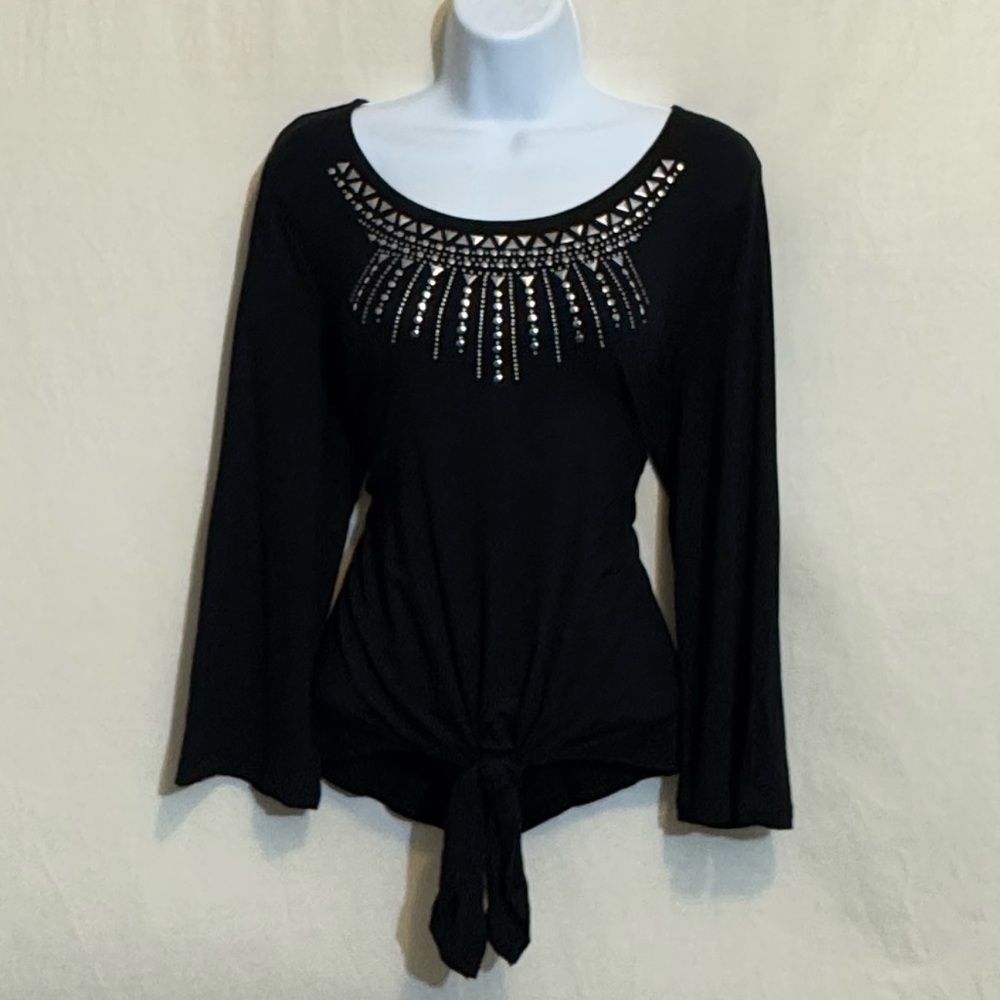 H-161 JM Collection Black Embellished Tie Front Long Sleeve Pullover Blouse - Picture 1 of 14
